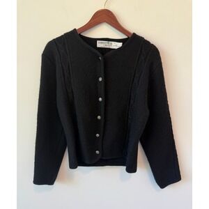 VTG Woodstock by Bernard Wool Cardigan Cable Knit‎ Trim Button Front Black Sz 38